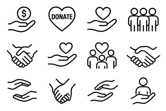 Hands offering help through donations, love, and community support in black and white illustrations