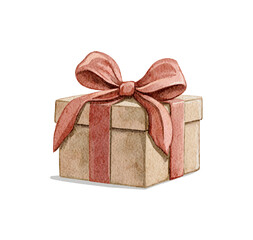 Watercolor vintage beige box of Christmas present gift isolated on white background. Watercolor and pencil hand drawn illustration sketch