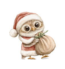 Christmas vintage cartoon cute owl dressed as Santa clothes with sack of presents gifts isolated on white background. Watercolor and pencil hand drawn illustration sketch