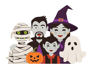 Spooky Halloween Gathering: A charming animated family, costumed for Halloween, poses with joy, featuring a mummy, vampire, witch and ghost, plus a carved pumpkin to capture the spooky holiday spirit.