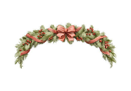 Watercolor vintage Christmas branches of coniferous trees horizontally create frame border with garland of red ribbon, berries and bow isolated on white background. Watercolor hand drawn illustration