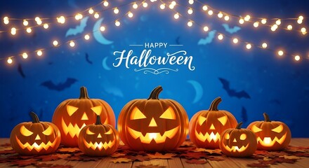 Glowing jack o lanterns and happy halloween text against a blue background with bats and lights