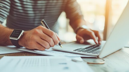 A focused individual writing on a laptop, surrounded by documents, showcasing productivity and modern work routines.