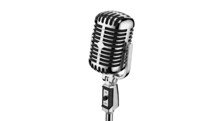 Pristine classic vintage studio microphone, polished chrome, intricate grille, on sleek stand, transparent background, bright studio light, no shadows, iconic product concept