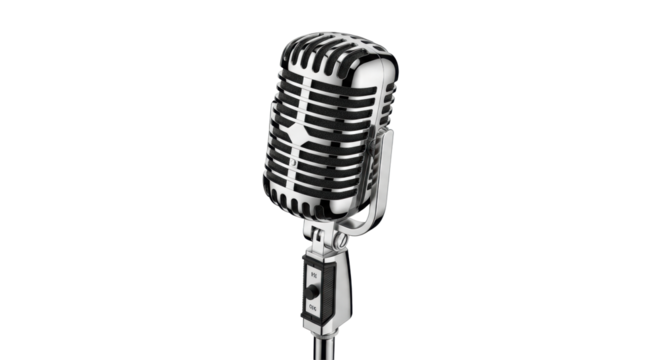 Pristine classic vintage studio microphone, polished chrome, intricate grille, on sleek stand, transparent background, bright studio light, no shadows, iconic product concept