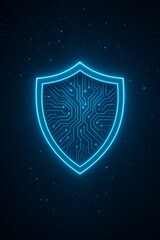 Fototapeta premium Glowing neon blue shield with circuit board pattern on dark background with digital particles
