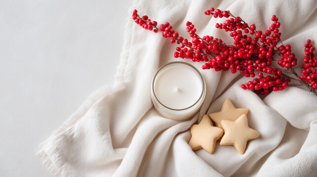 Christmas star shaped cookie with red berry branch and white candle on soft white fabric for cozy holiday decoration