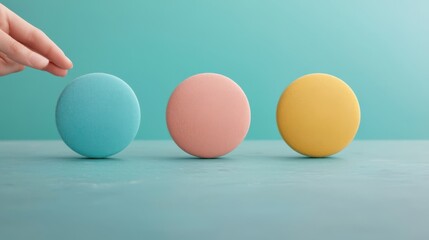A hand gently touches a colorful trio of round, textured objects in pastel shades, set against a soft blue background.