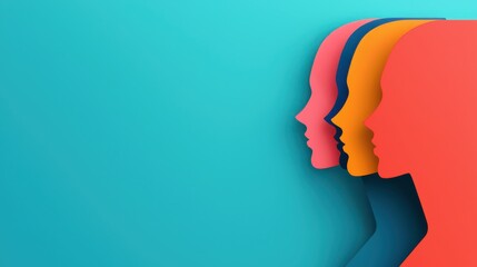 Abstract representation of colorful, layered silhouettes of human profiles against a vibrant blue background.