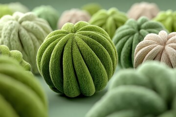 Textured green spheres resembling abstract knitted shapes with soft patterns