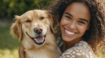 A joyful young woman smiles while holding her golden retriever, capturing a moment of happiness in a sunny outdoor setting.