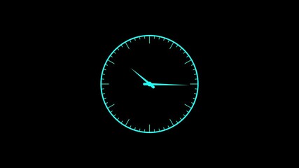 Neon blue analog clock face ticking time on black background futuristic digital interface concept timekeeping - Powered by Adobe
