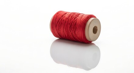 Red thread wound on a spool, close-up studio shot with reflection on a white surface