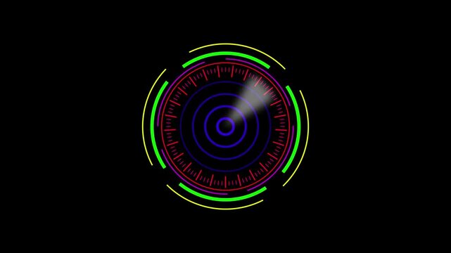 Futuristic H U D target reticle with glowing neon concentric circles and digital data markers on black background abstract technology interface element - Powered by Adobe