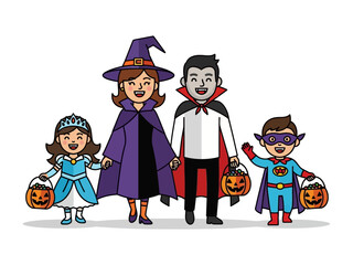 Spooky Family Halloween: A delightful family is dressed in imaginative costumes, ready to embrace the spooky fun of Halloween, carrying their treat buckets.