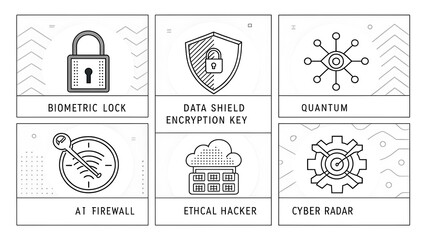 Cybersecurity Concept Icons: Data Protection and Network Safety in Minimalist Line Art Style on White Background                                      
