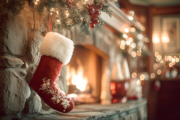 Christmas boot on a fireplace background in close-up.