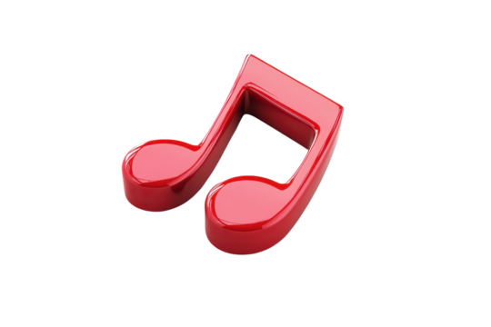 Bright red musical note symbol isolated on transparent background. Red musical note icon illustration isolated on white background, 3d rendering.