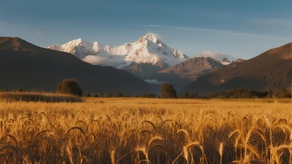 Golden wheat field with snow-capped mountain range in the background under clear blue sky