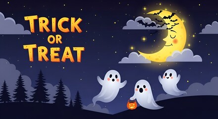 Fototapeta premium Halloween night scene with ghosts, trick or treat text, moon, bats, and pine trees illustration