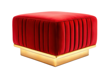 Plush red velvet ottoman with gold base isolated on transparent background. Red velvet ottoman with a golden base and plush texture isolated on white background.