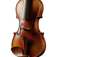 A polished vintage wooden violin, with rich grain, elegant F-holes, and taut strings, on a deep black background with right copy space, warm soft studio light, classical elegance concept
