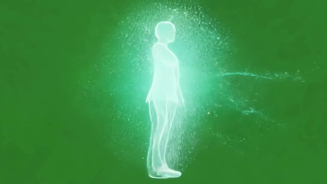 A futuristic 3D animation of a glowing human figure materializing from a stream of light and particles on a green screen, ideal for sci-fi or digital-themed projects