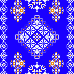 snowflake pattern Vector illustration of a traditional ethnic pattern on a rich brown background. The design features alternating vertical columns of ornate starburst and diamond motifs 
