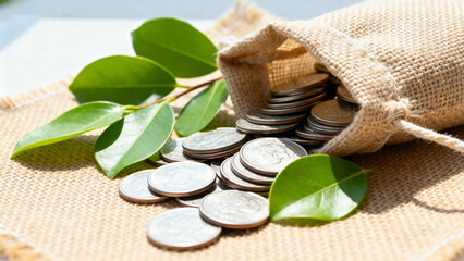Coins in Burlap Sack with Green Leaves