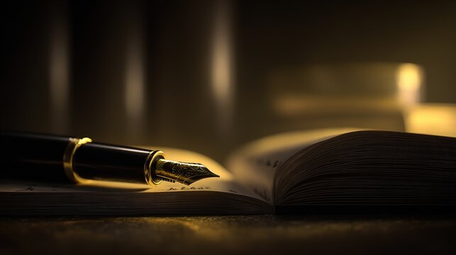 Open leather-bound guestbook on hotel counter with fountain pen, warm ambient light highlighting paper texture and elegant editorial style