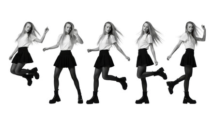 Young caucasian woman, early twenties, long blonde hair, white t-shirt, black mini-skirt, tights, platform boots. Six dynamic poses, high-key, black & white studio, ample copy space, commercial