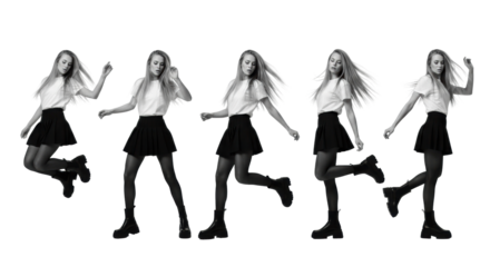 Young caucasian woman, early twenties, long blonde hair, white t-shirt, black mini-skirt, tights, platform boots. Six dynamic poses, high-key, black & white studio, ample copy space, commercial