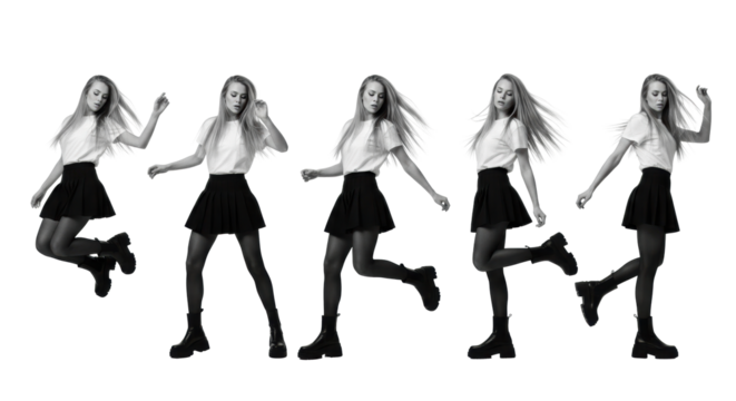 Young caucasian woman, early twenties, long blonde hair, white t-shirt, black mini-skirt, tights, platform boots. Six dynamic poses, high-key, black & white studio, ample copy space, commercial