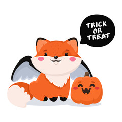 Little fox with wings, Halloween theme. Children's animal print of a fox in flat style.
