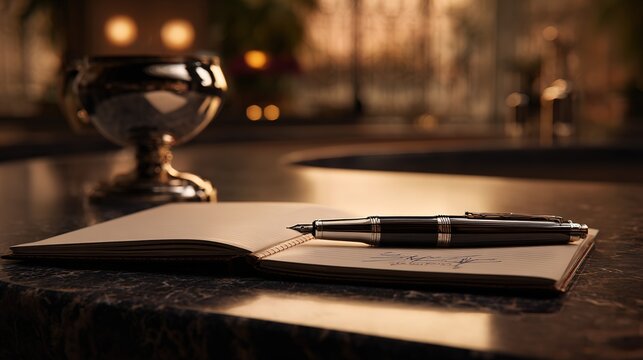 Warm-lit leather guestbook open on hotel counter with fountain pen, focused on signature area showing paper fiber and leather texture details