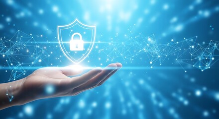 Hand holding a glowing digital shield with a padlock symbolizing cybersecurity and data protection