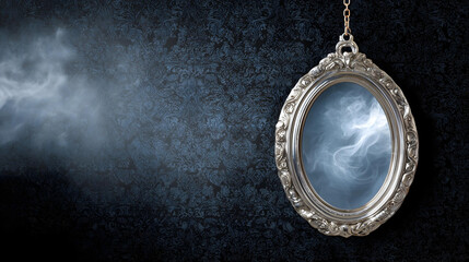 An ornate, vintage silver mirror, with a mysterious fog swirling within it, hanging on a dark damask wallpaper, 