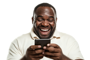 Smiling man holding a smartphone isolated on transparent background. Smiling man texting on the phone with happy expression isolated on white background.
