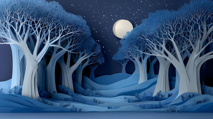 A haunted forest scene, but created entirely from paper art (papercraft), with layered paper trees and a moon, 
