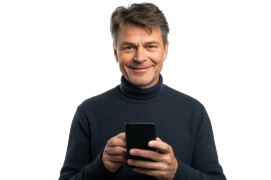 Smiling man holding smartphone and typing isolated on transparent background. Smiling man texting on the phone with happy expression isolated on white background.