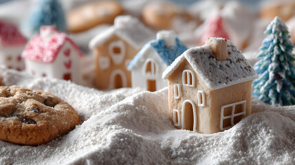 A tiny, whimsical Christmas village, made entirely of candy and cookies, on a bed of powdered sugar snow,