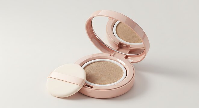 Mockup a light pink compact cushion foundation with a puff, isolated on white background commercial usage
