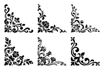 Collection of six ornate floral corner decorations isolated on white background