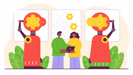 Two robots with gears for heads flank a team working on a tablet with a whiteboard in the background on transparent background silhouette