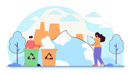 Illustration of people recycling with bins and water drop near factories and nature scenery view on transparent background silhouette
