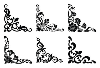 Collection of six ornate floral corner designs isolated on white background