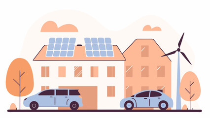 Illustration of houses with solar panels, cars, and a windmill showing sustainable living concept on transparent background silhouette