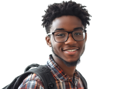 Smiling young man with glasses and backpack isolated on transparent background. Smiling young african college student with books and backpack and wearing glasses isolated on white background.