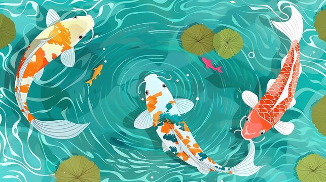 Tranquil pond illustration featuring vibrant koi fish swimming amongst lily pads - Powered by Adobe