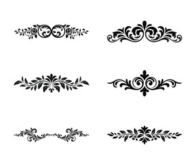 Collection of six ornate decorative floral elements isolated on white background